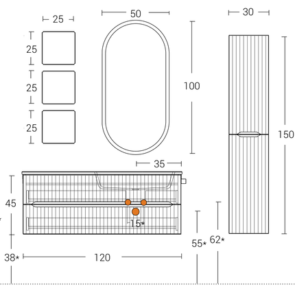 Dimensioni e scheda tecnica – Mobile bagno sospeso 120 cm Verde Foresta Verso