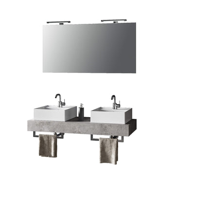 Mobile Bagno Sospeso 120cm Con Doppio Lavabo, Specchio, Lampada e Porta Asciugamano Cemento