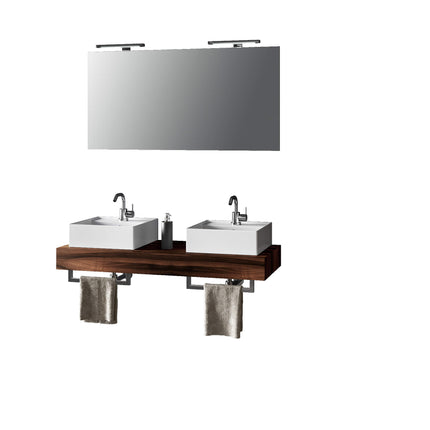 Mobile Bagno Sospeso 120cm Con Doppio Lavabo, Specchio, Lampada e Porta Asciugamano Noce