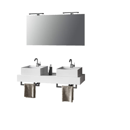 Mobile Bagno Sospeso 120cm Con Doppio Lavabo, Specchio, Lampada e Porta Asciugamano Bianco