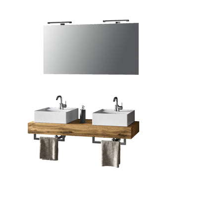 Mobile Bagno Sospeso 120cm Con Doppio Lavabo, Specchio, Lampada e Porta Asciugamano Rovere Miele