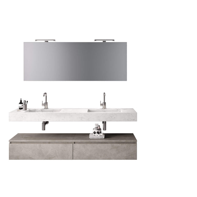 Mobile Bagno Sospeso 180cm Con Vasca Integrata Cassetto E Specchio Top Effetto Marmo Carrara + Base Avana Effetto Pietra