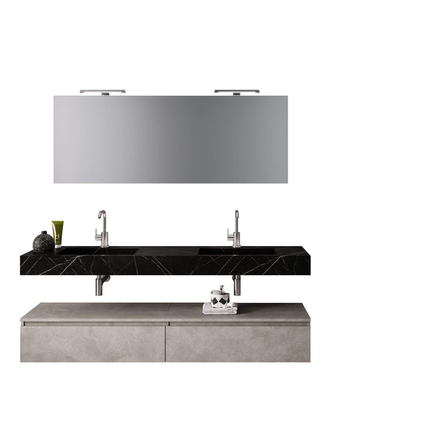 Mobile Bagno Sospeso 180cm Con Vasca Integrata Cassetto E Specchio Top Effetto Corten + Base Bianco Effetto Pietra