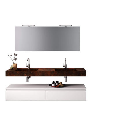 Mobile Bagno Sospeso 180cm Con Vasca Integrata Cassetto E Specchio Top Effetto Corten + Base Bianco Opaco