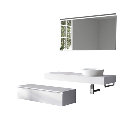 Mobile Bagno Sospeso 220cm Top Con Lavabo, Base Con Cassetto E Specchio Con LED Integrato Top bianco + base laccata bianco opaco
