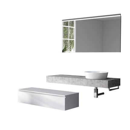 Mobile Bagno Sospeso 220cm Top Con Lavabo, Base Con Cassetto E Specchio Con LED Integrato Top cemento + base laccata bianco opaco