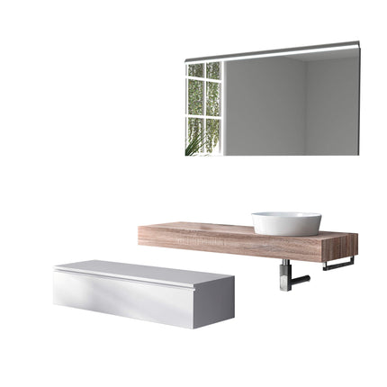 Mobile Bagno Sospeso 220cm Top Con Lavabo, Base Con Cassetto E Specchio Con LED Integrato