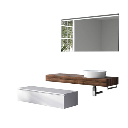 Mobile Bagno Sospeso 220cm Top Con Lavabo, Base Con Cassetto E Specchio Con LED Integrato Top noce + base laccata bianco opaco