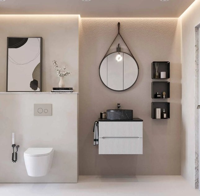 Mobile bagno sospeso 60 cm Bianco Neve con lavabo effetto marmo Zebra Nero – Verso Legnobagno