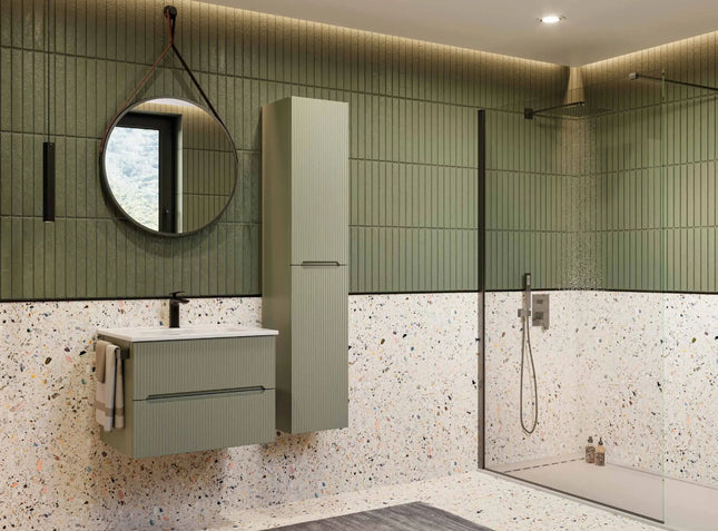 Mobile bagno sospeso 60 cm Verde Foresta con lavabo e specchio tondo Cinturino – Verso Legnobagno