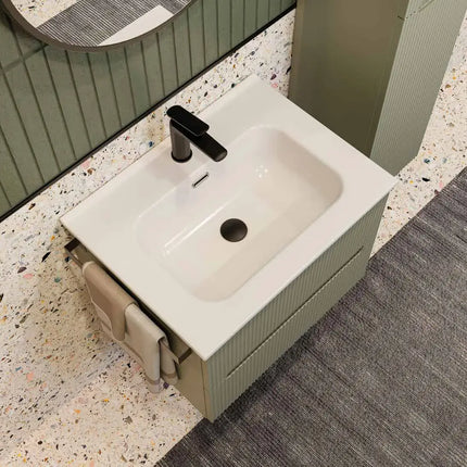 Mobile bagno sospeso 60 cm Verde Foresta con lavabo e specchio tondo Cinturino – Verso Legnobagno (dettaglio 2)