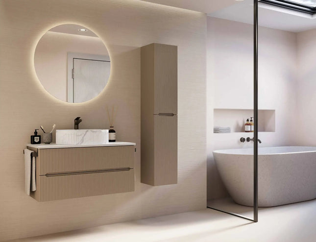 Mobile bagno sospeso 90 cm Creta con lavabo effetto marmo Calacatta e specchiera LED – Verso Legnobagno