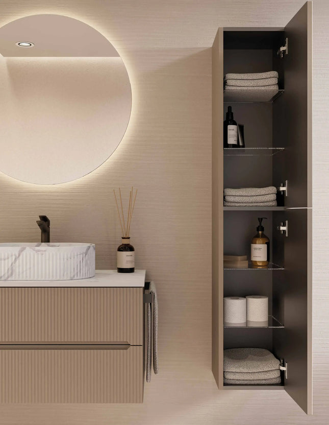 Mobile bagno sospeso 90 cm Creta con lavabo effetto marmo Calacatta e specchiera LED – Verso Legnobagno (dettaglio 1)