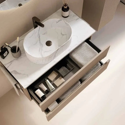 Mobile bagno sospeso 90 cm Creta con lavabo effetto marmo Calacatta e specchiera LED – Verso Legnobagno (dettaglio 2)
