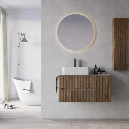 Mobile bagno sospeso 90 cm Noce Bruno con lavabo da appoggio Game e specchiera LED – Verso Legnobagno