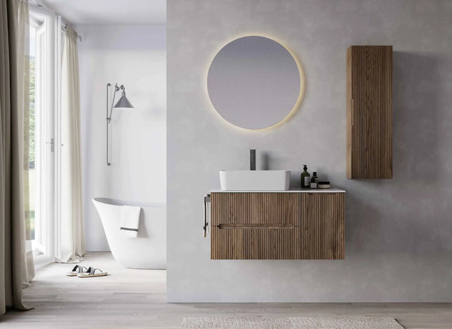 Mobile bagno sospeso 90 cm Noce Bruno con lavabo da appoggio Game e specchiera LED – Verso Legnobagno