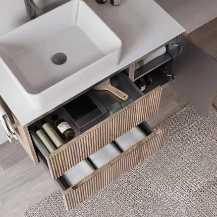 Mobile bagno sospeso 90 cm Noce Bruno con lavabo da appoggio Game e specchiera LED – Verso Legnobagno (dettaglio 2)