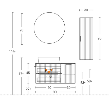 Dimensioni e scheda tecnica – Mobile bagno sospeso 90 cm Noce Bruno Verso