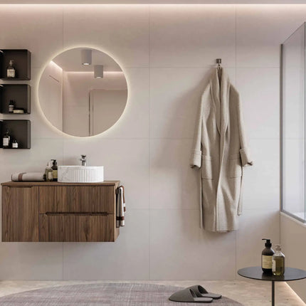 Mobile bagno sospeso 90 cm Noce Bruno con lavabo effetto marmo Calacatta – Verso Legnobagno
