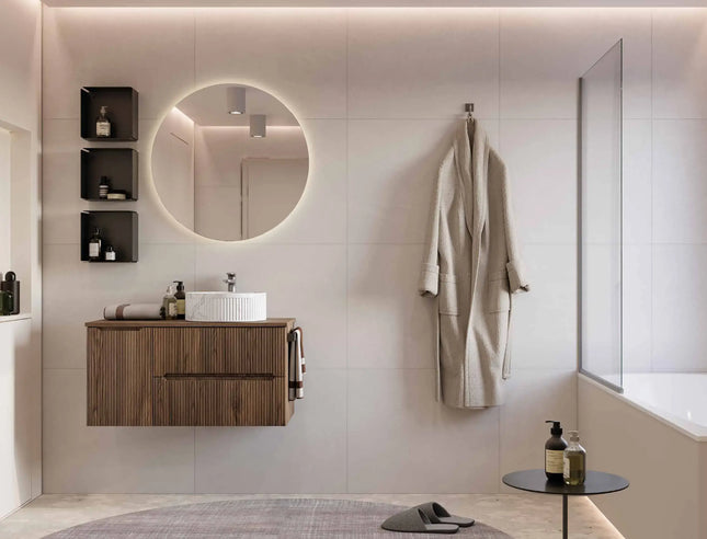 Mobile bagno sospeso 90 cm Noce Bruno con lavabo effetto marmo Calacatta – Verso Legnobagno