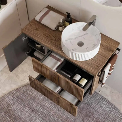 Mobile bagno sospeso 90 cm Noce Bruno con lavabo effetto marmo Calacatta – Verso Legnobagno (dettaglio 2)