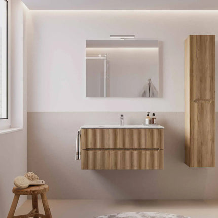 Mobile bagno sospeso 90 cm Rovere Chalet con lavabo in ceramica e specchio LED – Verso Legnobagno