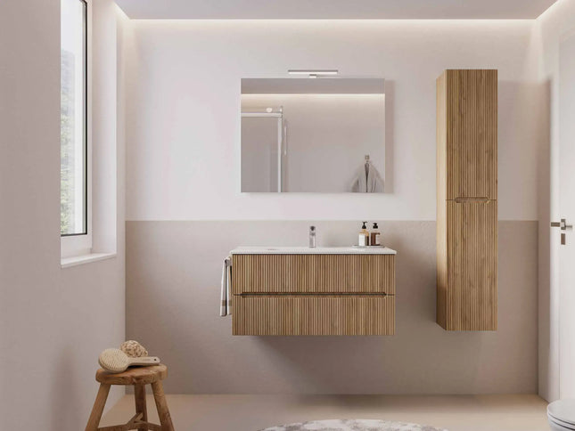 Mobile bagno sospeso 90 cm Rovere Chalet con lavabo in ceramica e specchio LED – Verso Legnobagno