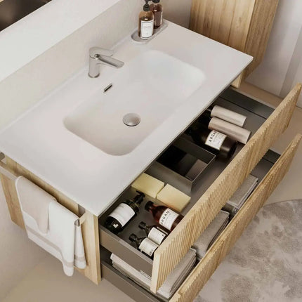 Mobile bagno sospeso 90 cm Rovere Chalet con lavabo in ceramica e specchio LED – Verso Legnobagno (dettaglio 1)