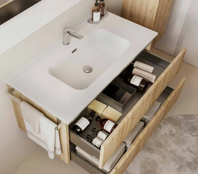 Mobile bagno sospeso 90 cm Rovere Chalet con lavabo in ceramica e specchio LED – Verso Legnobagno (dettaglio 1)