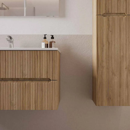 Mobile bagno sospeso 90 cm Rovere Chalet con lavabo in ceramica e specchio LED – Verso Legnobagno (dettaglio 2)