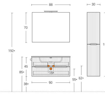 Dimensioni e scheda tecnica – Mobile bagno sospeso 90 cm Rovere Chalet Verso