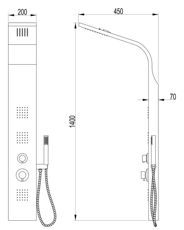 Disegno tecnico quotato del pannello doccia Vienna PNL030: altezza 140 cm, larghezza 20 cm, soffione sporgente 45 cm