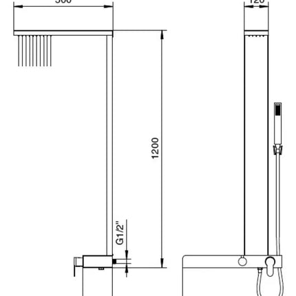 Disegno tecnico quotato del pannello doccia Brick PNL060: altezza 120 cm, montante 12 cm, mensola 50x15 cm, soffione sporgente 50 cm