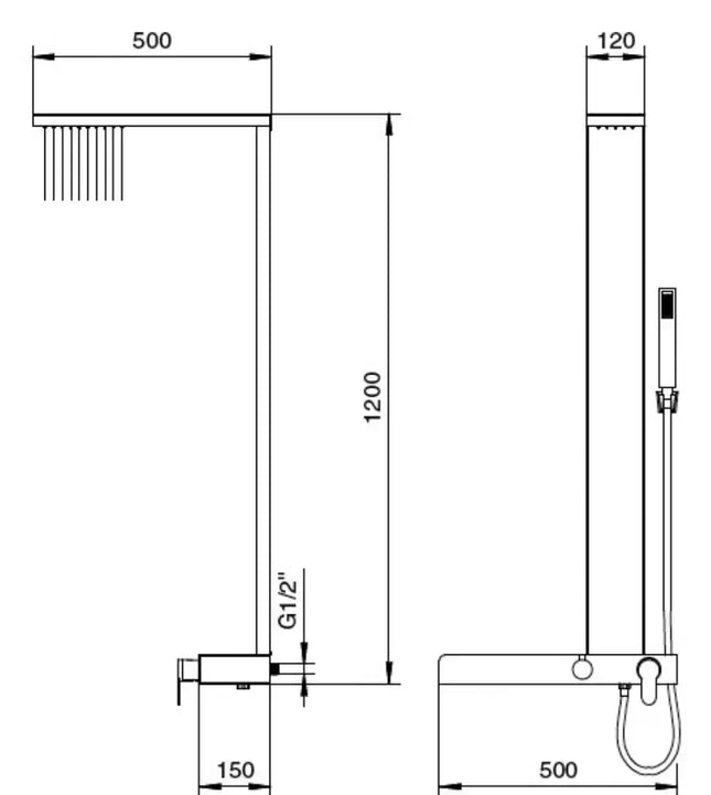 Disegno tecnico quotato del pannello doccia Brick PNL060: altezza 120 cm, montante 12 cm, mensola 50x15 cm, soffione sporgente 50 cm
