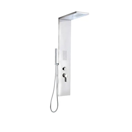 Pannello doccia Mirror in acciaio lucido spessore 4 cm con soffione a lama, getti idromassaggio e doccetta a stilo