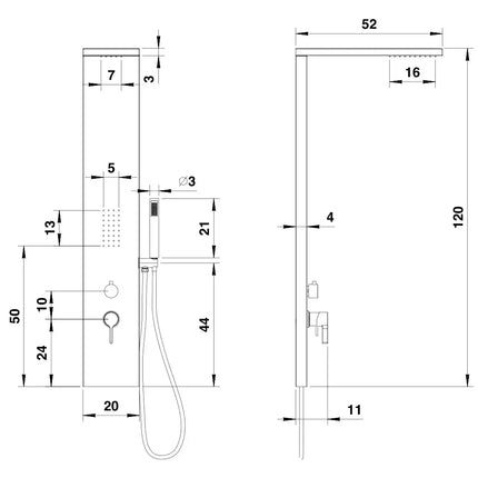 Disegno tecnico quotato del pannello doccia Mirror PNL050: altezza 120 cm, larghezza 20 cm, soffione a lama sporgente 52 cm