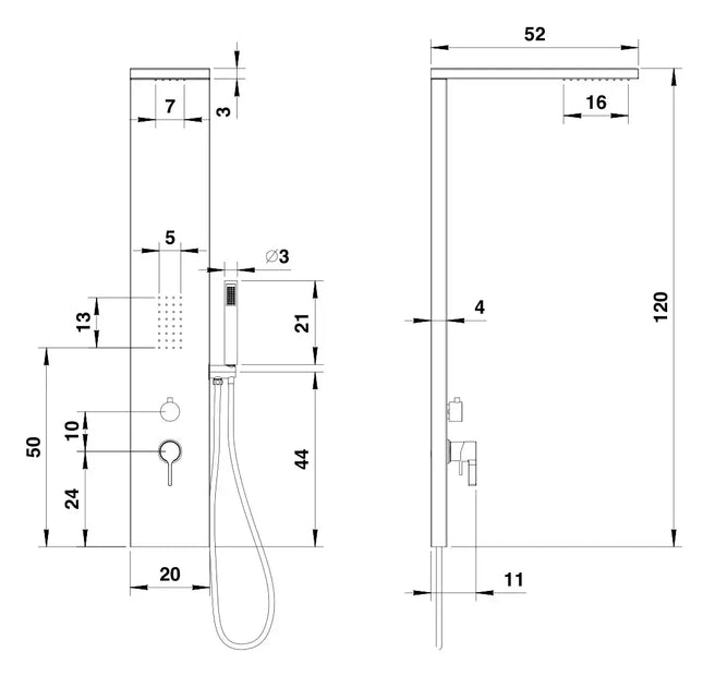 Disegno tecnico quotato del pannello doccia Mirror PNL050: altezza 120 cm, larghezza 20 cm, soffione a lama sporgente 52 cm