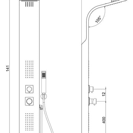 Disegno tecnico quotato del pannello doccia Santorini PNL020: altezza 141 cm, larghezza 20 cm, soffione inclinato 105 gradi sporgente 45 cm