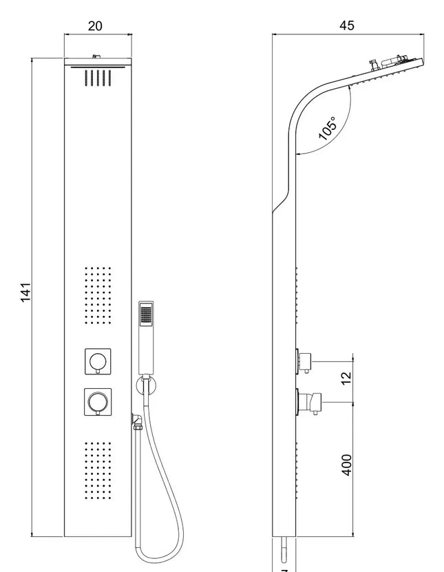 Disegno tecnico quotato del pannello doccia Santorini PNL020: altezza 141 cm, larghezza 20 cm, soffione inclinato 105 gradi sporgente 45 cm