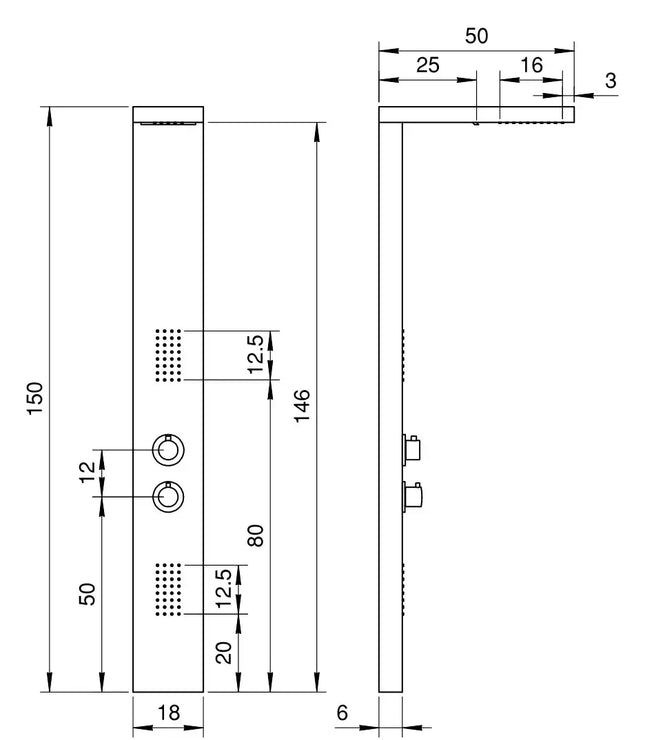 Disegno tecnico quotato del pannello doccia Domino PNL010: altezza 150 cm, larghezza 18 cm, profondità 6 cm, soffione sporgente 50 cm
