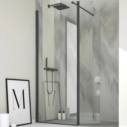 Parete doccia walk-in con paraschizzi H200cm 6mm, profilo nero, bagno moderno con doccia a colonna nera