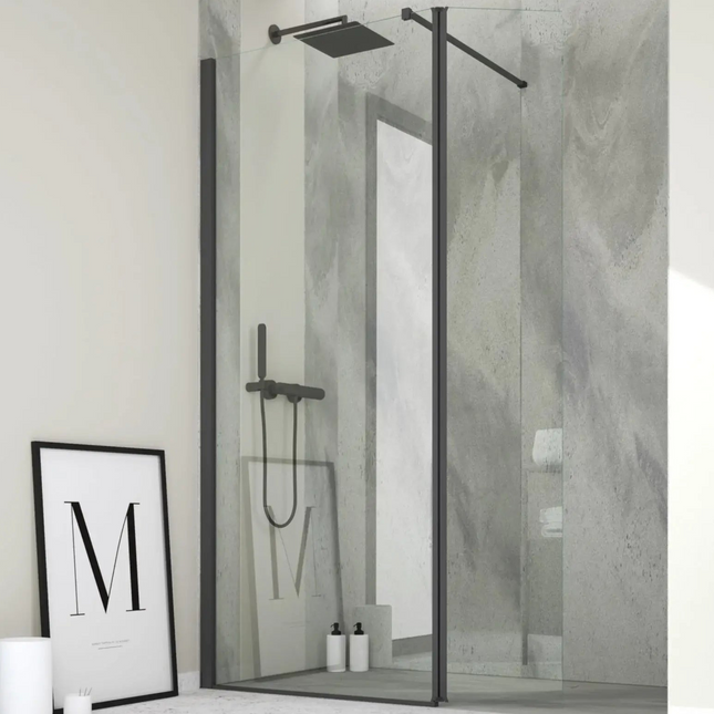 Parete doccia walk-in con paraschizzi H200cm 6mm, profilo nero, bagno moderno con doccia a colonna nera