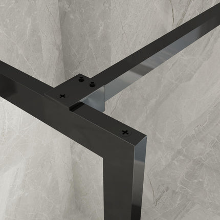 Dettaglio dell'innesto tra barra di sostegno nera e telaio perimetrale della parete doccia walk-in framed 8mm