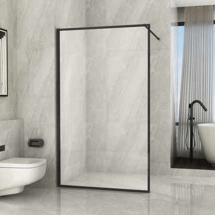 Parete doccia walk-in H195cm con telaio nero perimetrale e cristallo trasparente 8mm in bagno effetto marmo