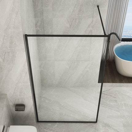 Parete walk-in framed con profili neri e cristallo 8mm, vista di tre quarti in bagno di design con vasca freestanding