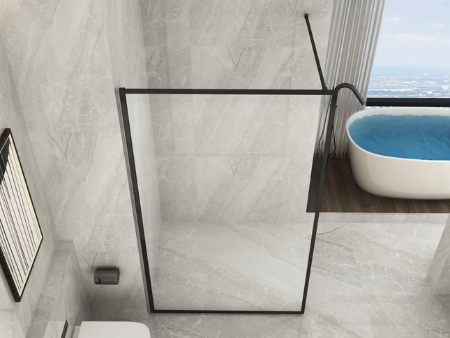 Parete walk-in framed con profili neri e cristallo 8mm, vista di tre quarti in bagno di design con vasca freestanding
