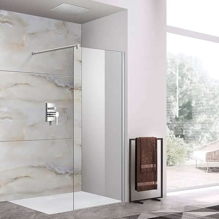 Parete doccia walk-in H195cm cristallo trasparente 8mm, bagno moderno con rivestimento marmo e doccia a soffitto