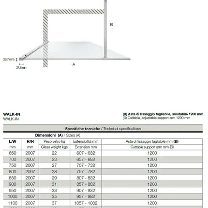 Disegno tecnico quotato con tabella misure della parete doccia walk-in 6mm H200cm e barra di fissaggio a soffitto