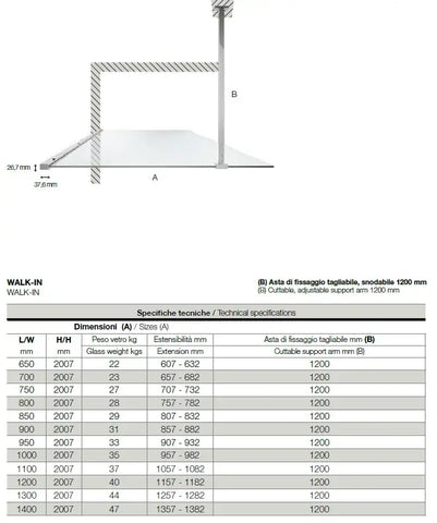 Disegno tecnico quotato con tabella misure della parete doccia walk-in 6mm H200cm e barra di fissaggio a soffitto