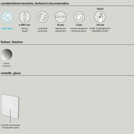 Scheda tecnica parete walk-in cromo: h 2007mm, cristallo temperato 6mm, regolazione 25mm e profilo di allungamento